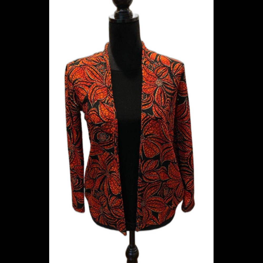 JM Collection Blouse Top Red Poinsettias Gold Trim Connected Black Camisole